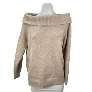 Lillusory Women's Beige Knit Off Shoulder Long Sleeve Sweatshirt Sweater Top S